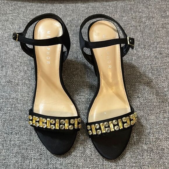 Metaphor Sesha Black Satin Jewel Embellished Open Toe Block Heels - Picture 1 of 6